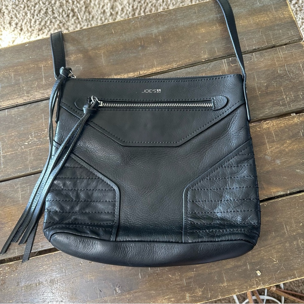 Joe’s Jeans Black Leather Chevron Stitching Tassel Crossbody Shoulder Bag